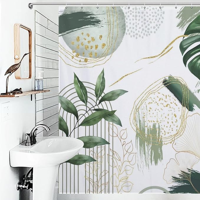 Green Boho Shower Curtain,Modern Tropical Abstract Gold Palm Leaves Plant Bathroom Decor Curtains Minimalist Fabric Bath Curtain with Hooks,72x72Inch