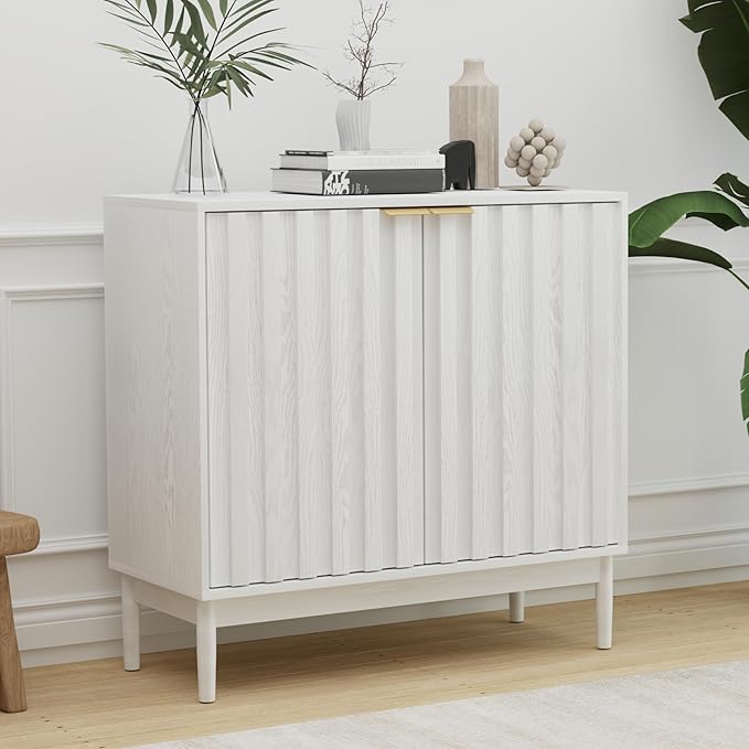 Fluted Cabinet with Storage, Buffet Cabinet Sideboard with Door, Kitchen Buffet Storage Accent Cabinets with Adjustable Shelves for Living Room, Entry, Hallway, White