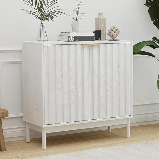 Fluted Cabinet with Storage, Buffet Cabinet Sideboard with Door, Kitchen Buffet Storage Accent Cabinets with Adjustable Shelves for Living Room, Entry, Hallway, White