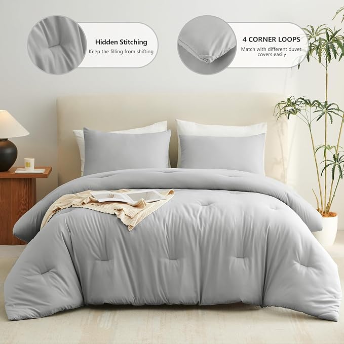CozyLux Full Size Comforter Set Light Grey, 3 Pieces Lightweight Down Alternative Quilted Bedding Sets, Light Gray All Season Soft Breathable Solid Comforter with 2 Pillowcases, Bed Set Gift for Home