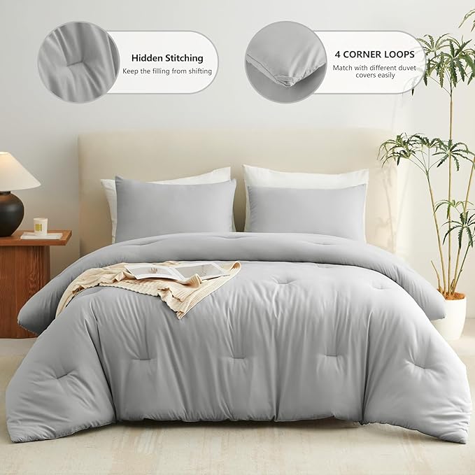 CozyLux King Size Comforter Set Light Grey, 3 Pieces Lightweight Down Alternative Quilted Bedding Sets, Gray All Season Soft Breathable Solid Comforter with 2 Pillowcases, Luxury Bed Set Gift for Home