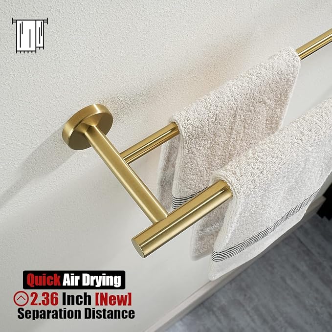 JQK Double Bath Towel Bar, Brushed Gold 30 Inch 304 Stainless Steel Thicken 0.8mm Towel Rack for Bathroom, Towel Holder Wall Mount, 27 Inch Useable Length, TB100L27-BG