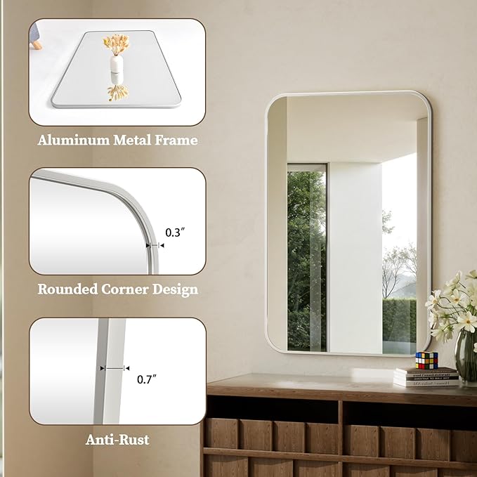 BEAUTYPEAK Wall Mounted Bathroom Mirror - 20" x 28" Silver Rectangular Aluminum Alloy Frame Mirror with Rounded Corners