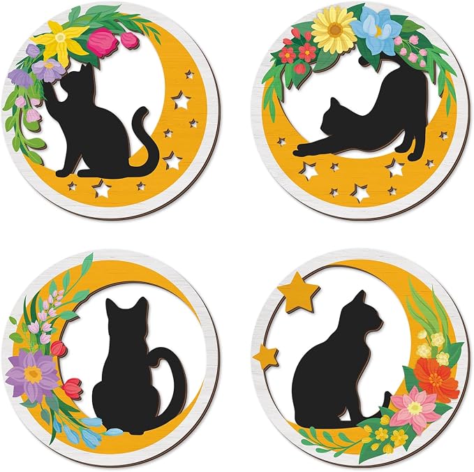 TOARTi 4PCS Boho Cat Moon Wall Decor,Colorful Floral Cats Wooden Wall Art,Black Cats Flower Hanging Sign,Farmhouse Minimalist Geometric Botanical Kitten Artwork for Bedroom Home,Cat Lovers Gifts