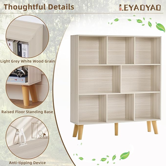 LEYAOYAO 8 Cube Bookshelf,3 Tier Bookcase with Legs,Light Grey White Mid-Century Modern Bookshelves,Large Open Storage Organizer Shelf, Wooden Book Case