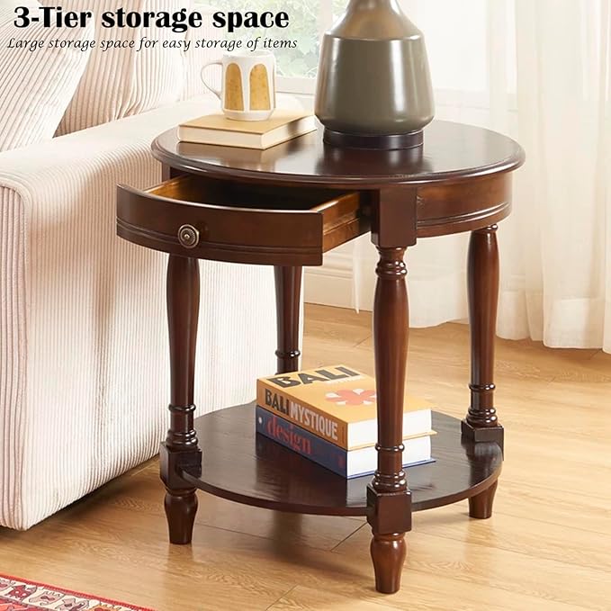 YUNMUAIR-Solid Wood End Table,Round Side Table with Drawers,Vintage Nightstand,Sofa Side Tables with Storage Shelf,Traditional Retro End Tables for Small Spaces,Living Room,Bedroom,Dark Brown