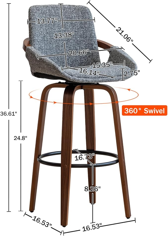 LUNLING 25.6" Counter Height Barstools Set of 3 Mid Century Modern Retro Bar Chairs Charcoal Gray Linen Look Fabric Upholstered and Walnut Wood Frame for Home Bar Furniture,Gray