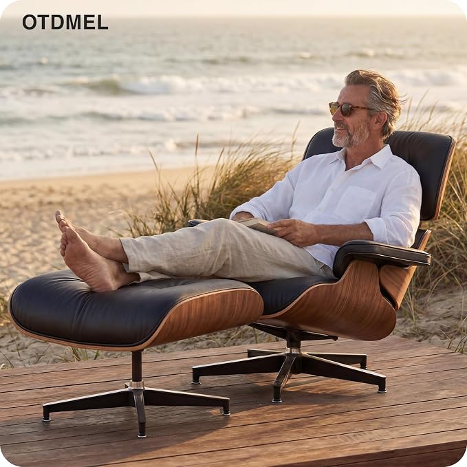 Luxury Top Black Grain Leather Mid Century Chaise Lounge Chair with Ottoman, Premium Handcrafted Walnut Wood, Ergonomic Modern Accent Chair for Living Room Office