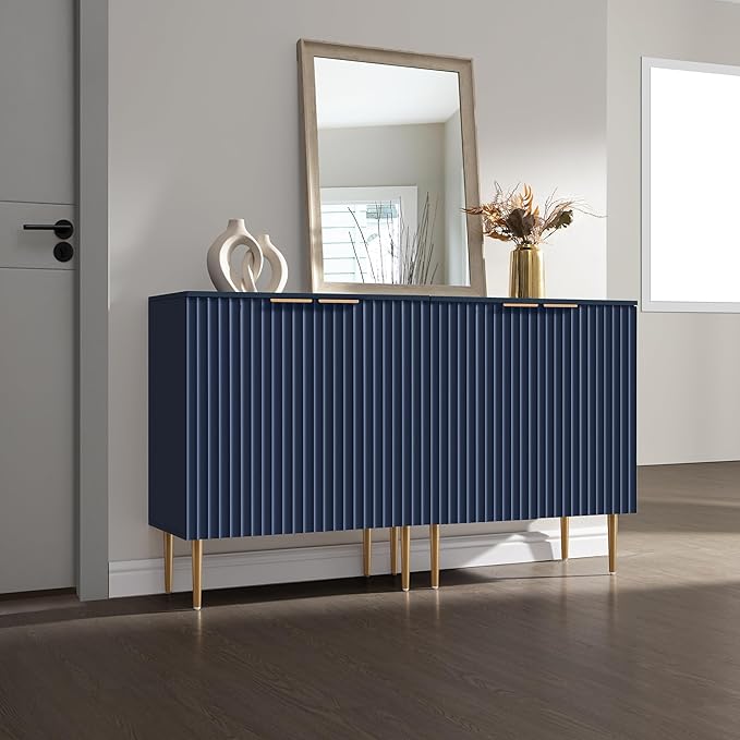 SICOTAS 57" Modern Sideboard Buffet Cabinet - Elegant Storage Credenza with 4 Doors & Adjustable Shelf, Space-Saving Console Coffee Bar Table for Entryway, Kitchen, Living Room or Hallway, Navy Blue