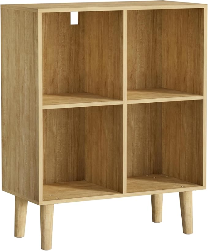 4 Cube Bookcase, Wooden Book Shelf Cube Storage Organizer with Legs, 2 Tier Bookshelf Freestanding Open Shelves for Living Room, Bedroom, Home Office (Oak, 4 Cube)
