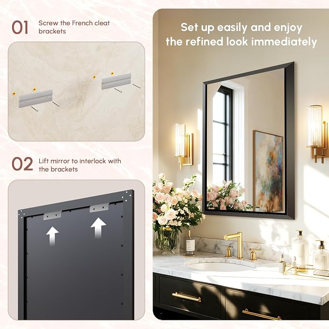 USHOWER 30x36 Inch Floating Bathroom Mirror - Brushed Black Wall Mirror for Over Sink, Anti-Rust, Modern HD Reflection Rectangular Beveled Aluminum Frame Vanity Mirror(Copper-Free Silver Coating)