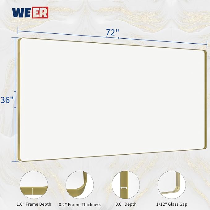 WEER Gold Bathroom Mirror, 72X36 Inch Brushed Gold Metal Frame Mirror, Rounded Rectangle Gold Bathroom Vanity Mirror for Wall, Tempered Glass, Anti-Rust, Hangs Horizontally or Vertically