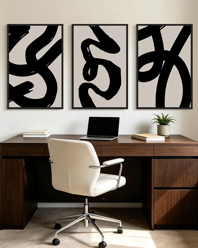 KUVIOKE Black Abstract Framed Wall Art Ink Wash Minimalist Lines Canvas Painting Artwork for Bedroom Hallway 24x36in (Black Framed)