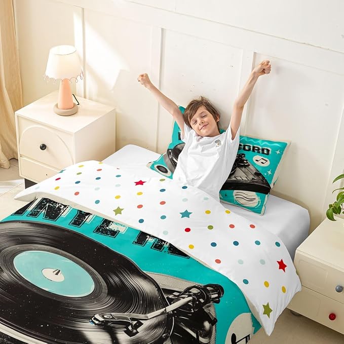 Erosebridal Retro Music Toddler Duvet Cover for Boys Men - Retro Vinyl Record Bedding Set Vintage Nostalgic Music Comforter Cover,Rustic Musical Notes Bed Set