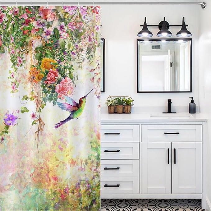Watercolor Flowers Hummingbird Shower Curtain,Watercolor Floral with Tropical Flower Bird Butterfly Spring And Summer Waterproof Shower Curtains for Bathroom Decor 12 Pack Hooks 72x72in (183x183cm)