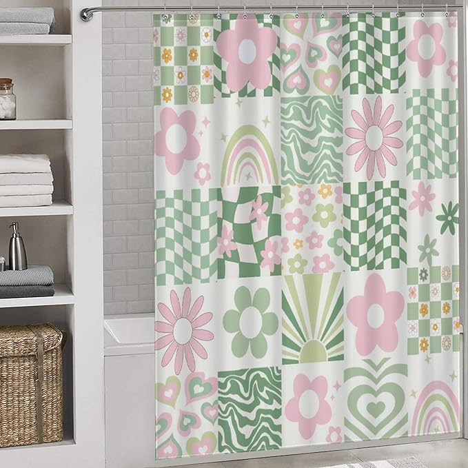70s Floral Shower Curtain for Bathroom,Rustic Hippie Green Groovy Rainbow Swirl Checkered Cute Funky Trippy Vintage Boho Waterproof Fabric Shower Curtain Set with Hooks, 72"x78"