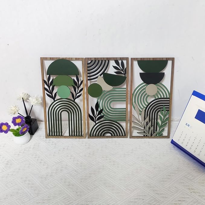 LB Modern Geometric Wall Art Set of 3, Boho Abstract Mid Century Wall Decor Wooden Framed, Green Striped Black Leaf Hanging Decoration for Living Room Bedroom Home Office, 11.8 x 5.9 inches