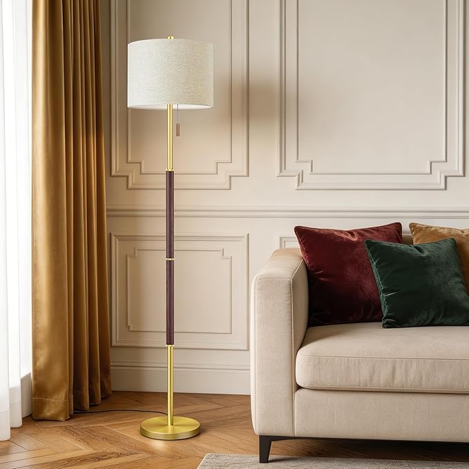 62" Mid Century Modern Floor Lamp, Walnut Standing Lamp with 3-Color Temperature and Pull Chain, Weighted Anti-Tip Base for Safety, Floor Lamps for Living Room Bedroom Corner (6500K Bulb Included)