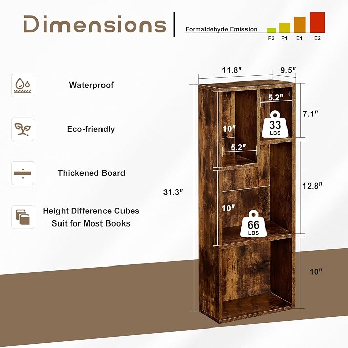 VECELO 3-Tier 4-Cube Bookshelf with Height Difference Shelves, 66 LBS Per Shelf Heavy Duty Bookcase, Modern Floor Standing Storage Unit for Living Room Bedroom, Rustic Brown