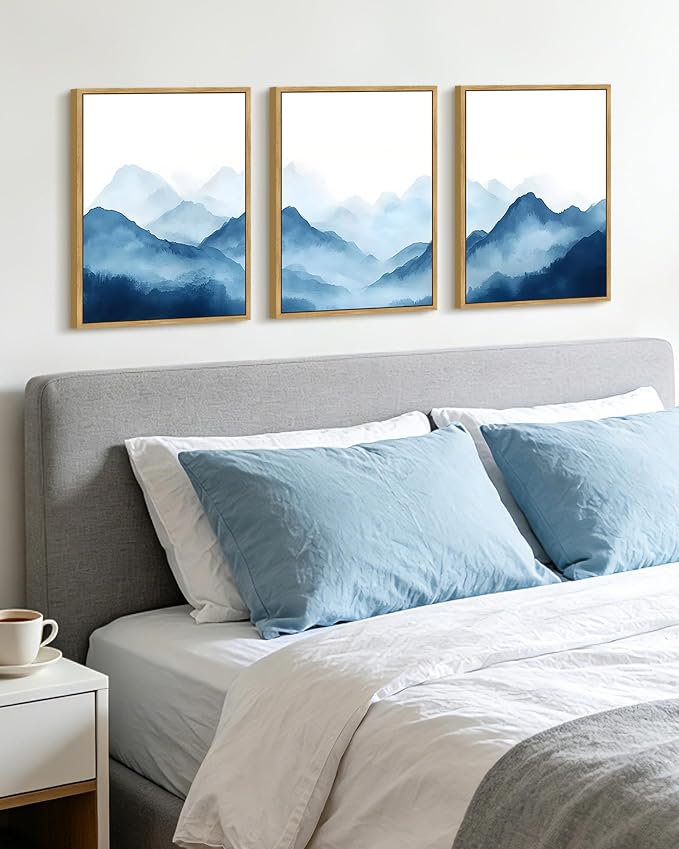 KUVIOKE Blue Watercolor Mountains in Fog Framed Wall Art Wilderness Nature Landscape Painting Rustic Scenic Relax Cool Room Decor for Bedroom Dining Room 12x16in (Natural Framed)