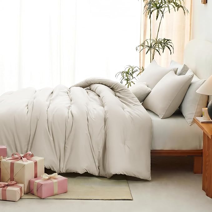 CozyLux Oversized Queen Comforter Set Beige, 3 Pieces 98"x98" Lightweight Down Alternative Quilted Bedding Sets, All Season Soft Breathable Solid Comforter with 2 Pillowcases, Bed Set Gift for Home