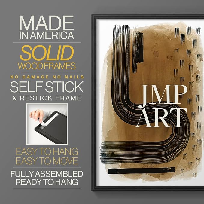 Renditions Gallery Set of 2 Peel & Stick Framed Prints, Abstract Wall Art, Hand Drawn Ink Curves Wall Decor, Re-Stickable - Ready to Hang - 8"x10" - Black Frame LT588