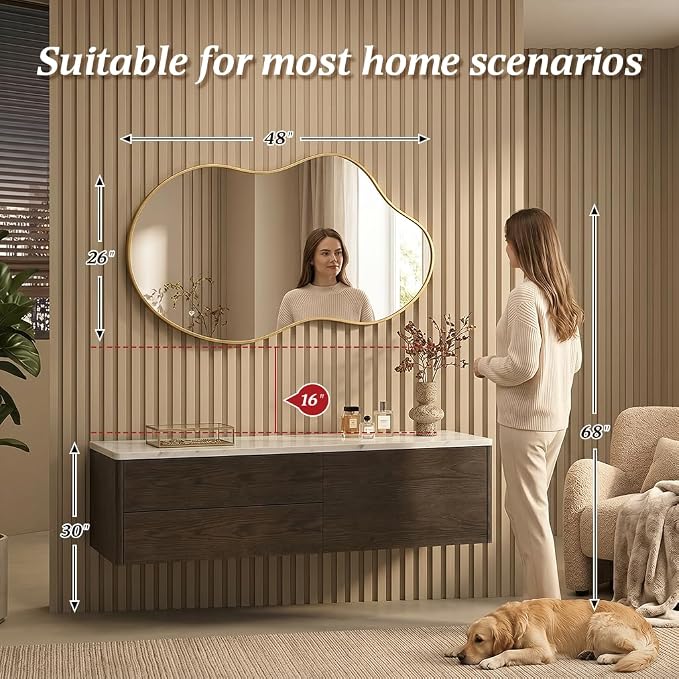 Irregular Asymmetrical Wall Mirror 26x48 Inches - Decorative Tempered Glass with Modern Aluminum Alloy Frame, Gold Abstract Cloud Mirror for Bathroom, Bedroom, Living Room, Entryway, Cloakroom