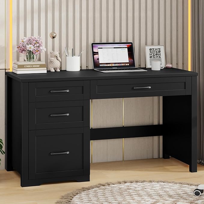 Farmhouse 47" Executive Desk with File Drawer, Wood Computer Desk with 3 Storage Drawers, Workstation for Home Office, Study, Writing(Black)