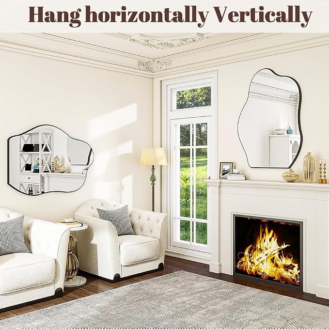 BEAUTYPEAK Asymmetrical Mirror, 26 x 40 Inches Irregular Wall Mirror, Wood Frame Unique Shape Wall Mounted, Decorative for Living Room Bedroom Entryway Hallway