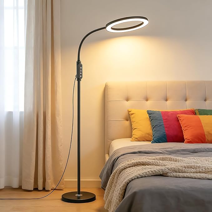 Bright 24W Dimmable LED Floor Lamps with Remote Adjustable Gooseneck Standing Light for Reading Makeup Tattoo Lash Extensions Black Modern Smart Tall Lamp Living Room Bedroom Office