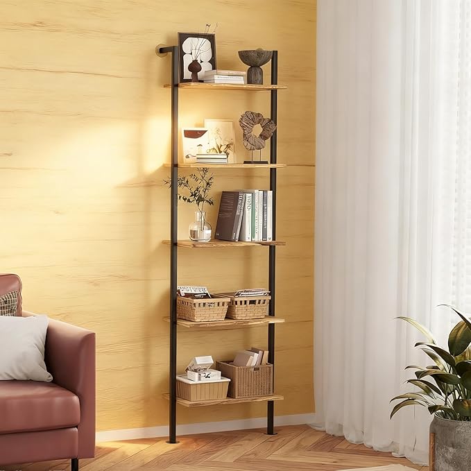 Acovy 5-Tier Bookshelf Solid Wood Ladder Shelf, Narrow Book Shelf Display Shelf, Wooden Bookcase, Wall Mount Ladder Shelf, Storage Rack for Living Room, Bedroom, Industrial Style, Rustic Brown
