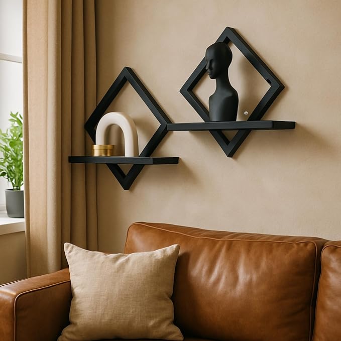 Floating Shelves for Wall,Decorative Wall Shelf,Hanging Shelf for Plants Storage Display Holder,Indoor Decor for Living Room Home Office Bathroom Bedroom,Solid Wood,Diamond Shaped,2 Pack(Black)