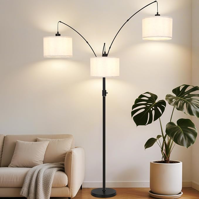 AHDWDW Dimmable Arc Floor Lamp-3 Lights Floor Lamps for Living Room,Modern Tall Standing Lamp with Beige Drum Shades&Heavy Base,Mid Century Tree Floor Lamp for Bedroom Corner Office,Bulbs Included