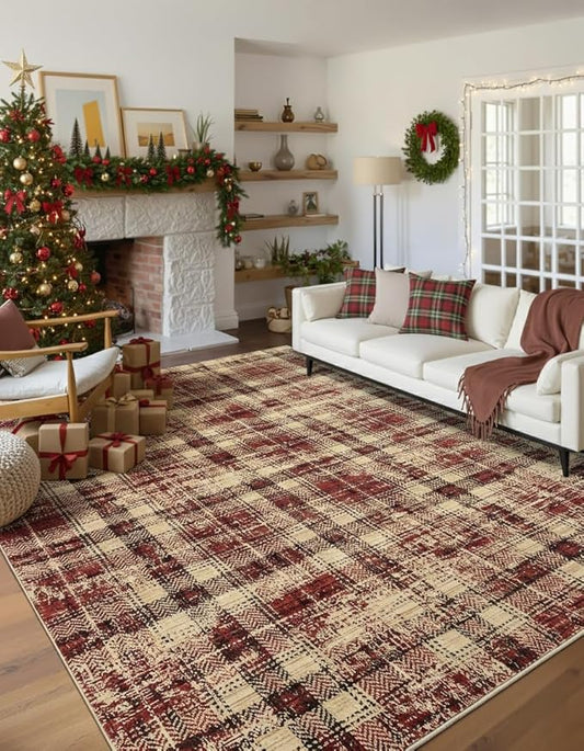 Washable Rugs 9x12 Rug for Living Room Christmas Bedroom Rug Modern Plaid Area Rug Soft Carpet for Dining Room Nursery 9'x12' Red