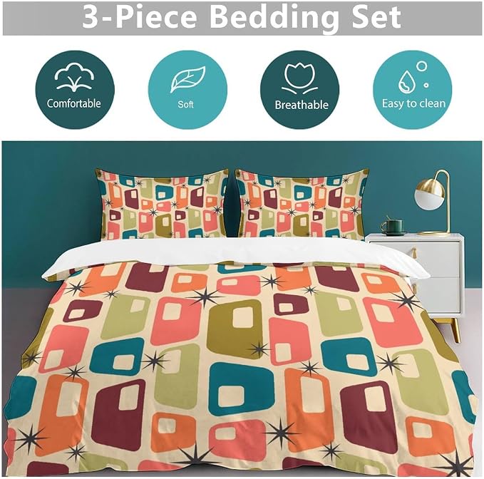 Modern Mid Century Duvet Cover Queen Retro Atomic Bedding Set, Rainbow Grid Comforter Cover Vintage Fifties 1950s Bed Set，Abstract Art Bedding 3 Piece (1 Duvet Cover 79"x90" + 2 Pillow Sham 20"x30")