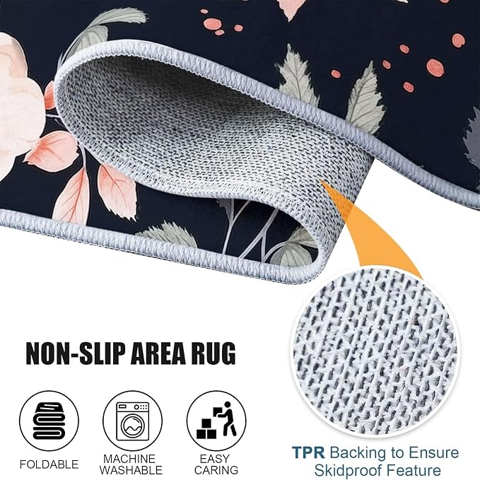 Area Rugs for Living Room, 4x5 Washable Rug Black Soft Low Pile Non-Slip Carpet Stain Resistant Carpets for Bedroom Dining Room Farmhouse Nursery, Retro Branches and Leaves Elegant Flowers