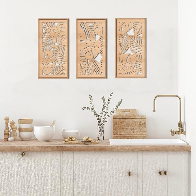 IARTTOP Tropical leaf Wood Wall Decor Framed Palm Monstera Leaves Wooden Wall Art Coastal Hawaii Art decor 7.87x15.75 Inch Set of 3 for Living room Bedroom Office