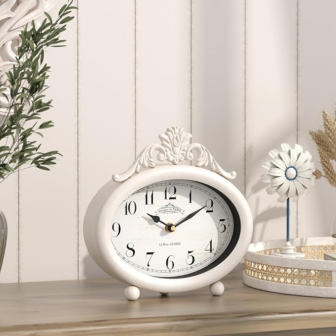 Vintage Table Clock, Desk and Shelf Decor Clock, French Rustic Antique Style White Mantel Clocks, for Farmhouse, Living Room, Bedroom, Bedside, Gift (7.87" H x 7.87" W)