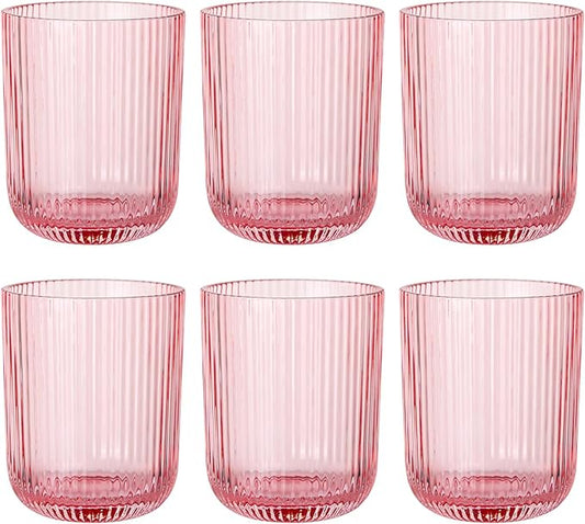 Pink Ribbed Drinking Glasses Set of 6,8.5oz Vintage Highball Tumblers,Colored Glassware for Juice,Milk,Coffee & Cocktails,Gift for Party,Housewarming,Mother's Day