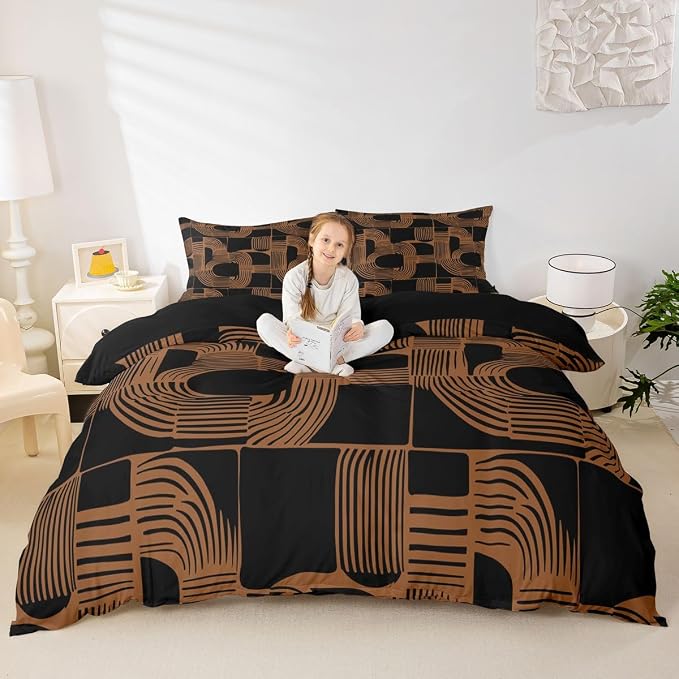 Erosebridal Mid Century Boys Duvet Cover Queen Size Bohemian Ethnic Bedding Set 3 Piece Boho Geometric Comforter Cover Modern Simple Black Stripes Bed Sets for Kids Teens Adult Men Bedroom Decor