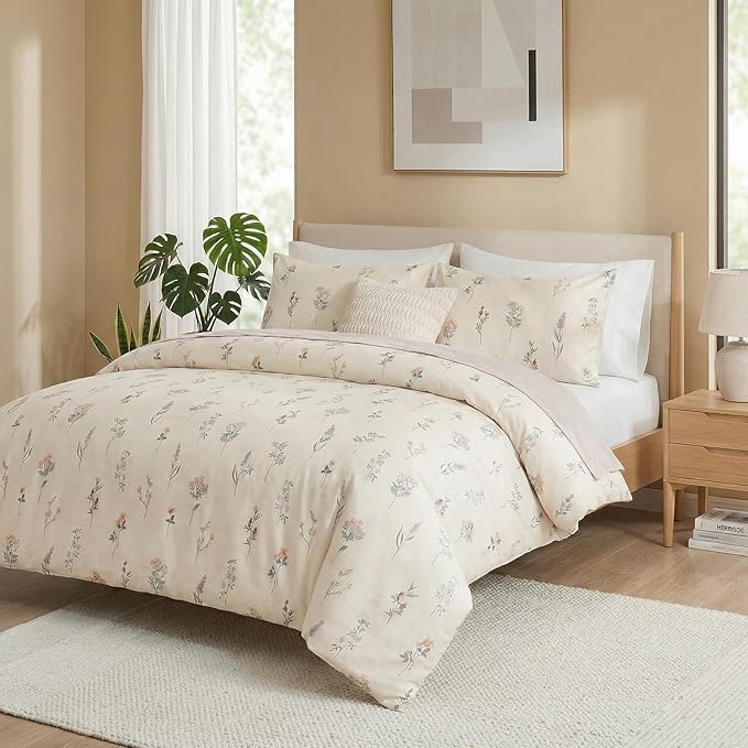 Cream Duvet Cover Set King Size 100% Washed Cotton Linen Like Textured Comforter Cover 3 Pcs Luxury Soft and Breathable Floral Duvet Cover with Zipper Closure