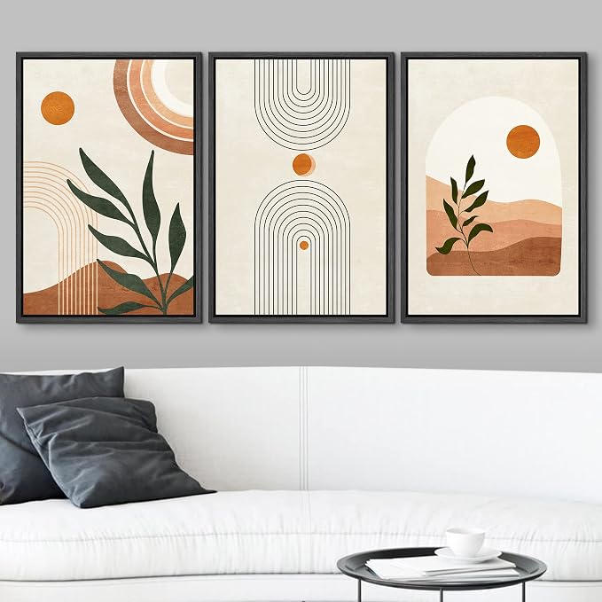 wall26 Framed Canvas Print Wall Art Set Boho Mid-Century Geometric Desert Plant Sun Nature Abstract Illustrations Modern Art Bohemian Decorative for Living Room, Bedroom, Office - 24"x36"x3 Black