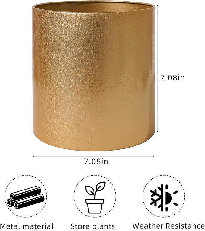Gold Metal Plant Pot with Drainage Hole,7 Inch Mid Century Modern Small Pot Indoor Outdoor Planters for Succulents, Flowers & Home Decor Gift Window Living Room Bedroom