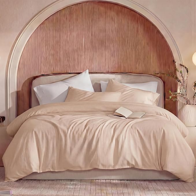 100% Washed Cotton Duvet Cover Queen Size – Sandy Beige, Linen-Like Texture, Super Soft & Breathable Bedding Set, 3-Piece Durable Percale Comforter Cover