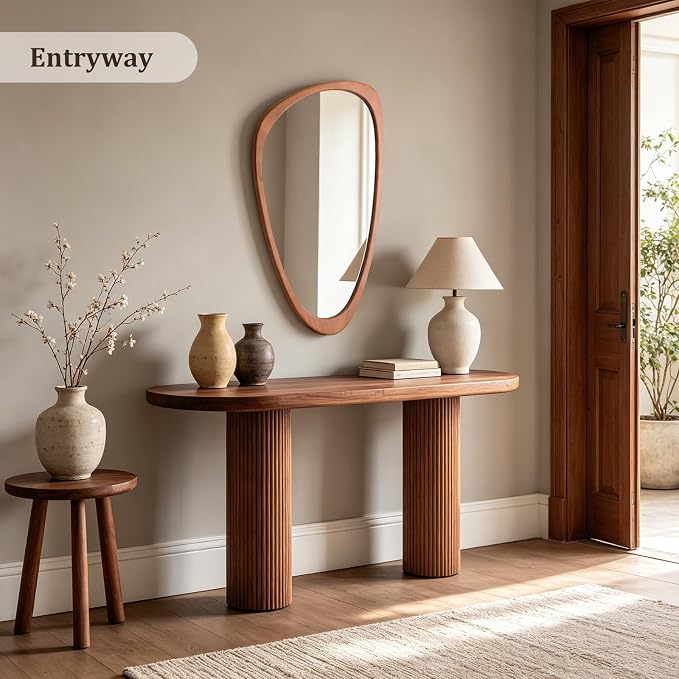 HOMECOOKIN 36" H x 23" W Asymmetrical Mirror, Irregular Wooden Wall Mirror for Bedroom, Living Room,Entryway– Boho Mid-Century Modern Decorative Mirror, Solid Wood Frame, Pebble Shaped Design (Walnut)