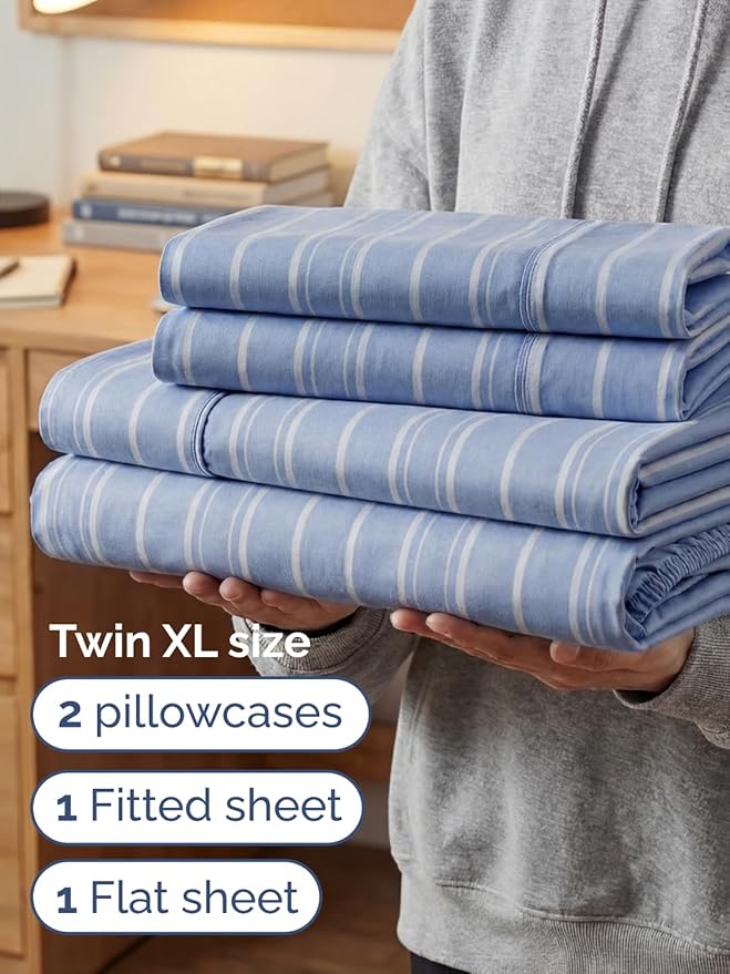 Extra Deep Twin XL Sheet Set - 4 Piece College Dorm Bed Sheets Set with Extra Deep Pockets - Ultra-Soft, Comfy & Breathable Bedding for Women, Men, Kids & Teens - Wrinkle & Fade Free - Blue Stripes 3