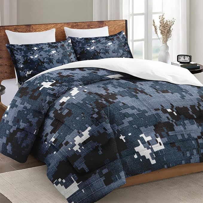 Comforter Set with 2 Pillowcases King Size, Digital Navy Blue Camouflage Camo, Bed Decor Army Military Brown Gray Seal Us for Kids and Adults, Soft Cozy Bedroom Bedding Set