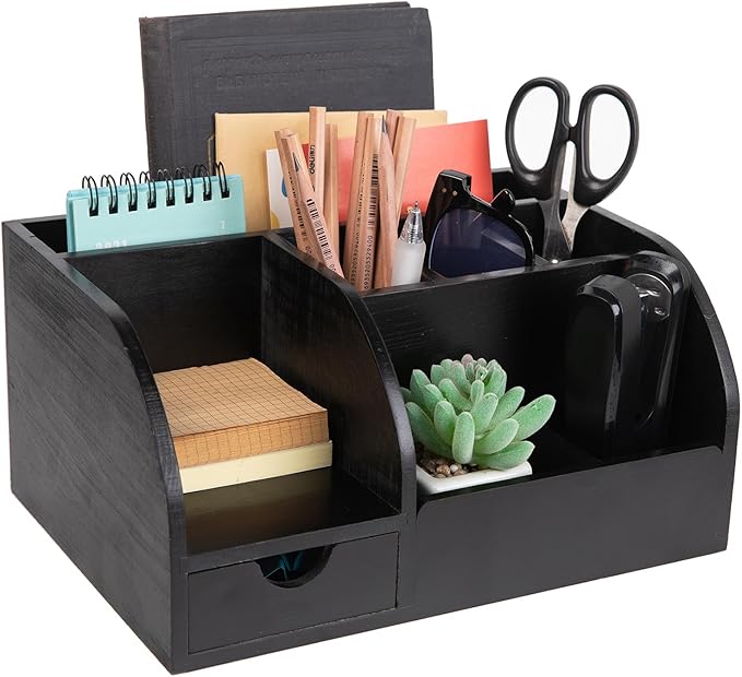 Office Desk Drawer Supply Organizer and Accessories, Wood Desk Organizer with 6 Compartments & 1 Drawer Binders Folder Papers Holder Pen Holder Office Desktop File Organizer (black)