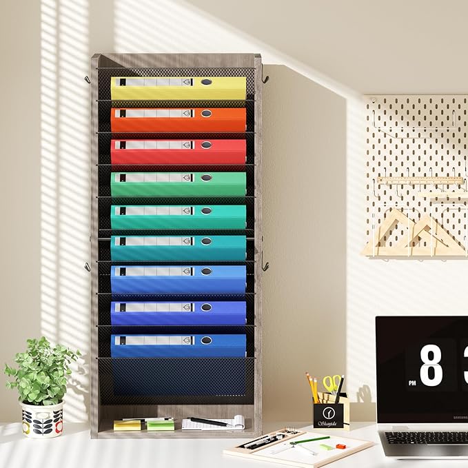 Creso hom Mail Organizer Wall Mounted, 11-Tier Hanging File Organizer with 4 Hooks, Wall File Holder for Papers, Folders, Documents, Bills, Magazines, Letters, Office&School Organization, Greige