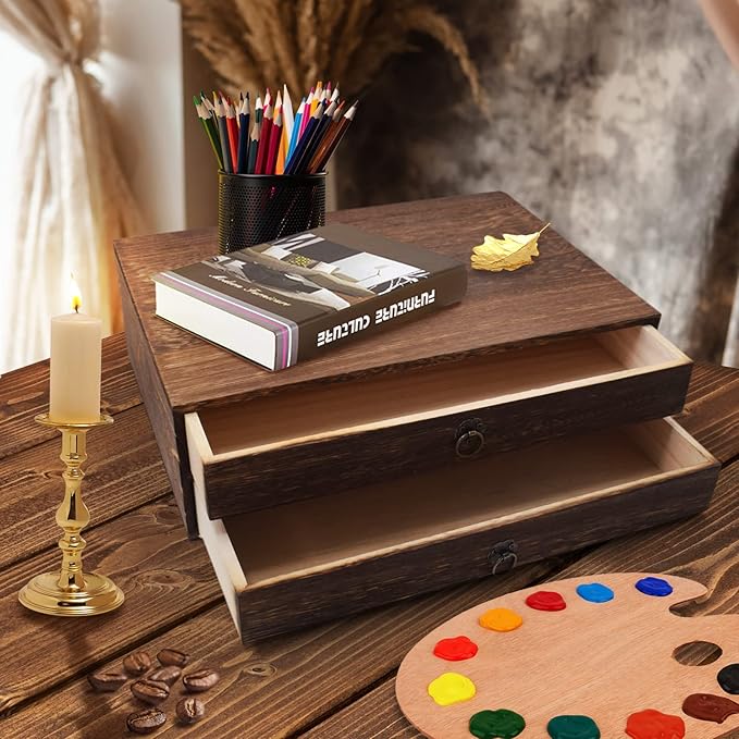 2-Drawer Wooden Desk Organizer Wood Desktop Storage Cabinet A4 File Cabinet Tabletop Storage Box Desk Drawer Organizer Paper Holder Carbonization for Home Office Workspace